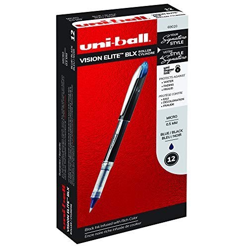 ''uni-ball Vision Elite BLX Infusion Rollerball PENs, Micro Point (0.5mm), Blue/Black, 12 Count''
