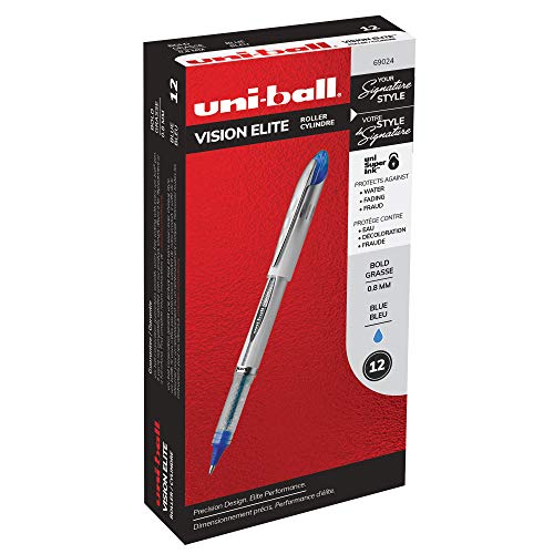 ''uni-ball Vision Elite Rollerball PENs, Bold Point (0.8mm), Blue, 12 Count''