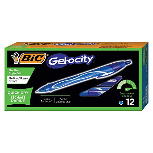 ''BIC Gel-Ocity Quick Dry Gel PENs, Medium Point Retractable (0.7mm), Blue Ink Gel PEN, 12-Count''