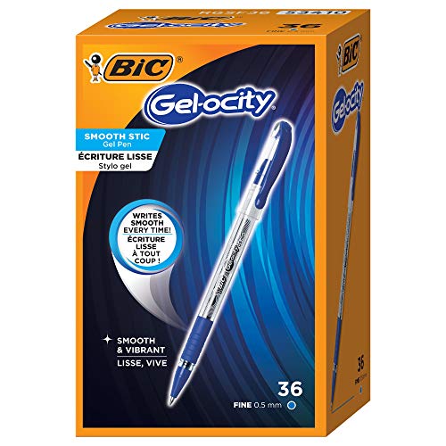 ''BIC Gel-ocity Smooth Stic Gel PEN, Fine Point (0.5mm), Blue Ink, 36-Count, Vibrant and Smooth Gel I