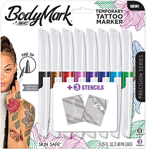 ''BIC BodyMark Temporary TATTOO Marker with Fine Tip, Precision Series, Assorted Colors, Pack of 8 Ma