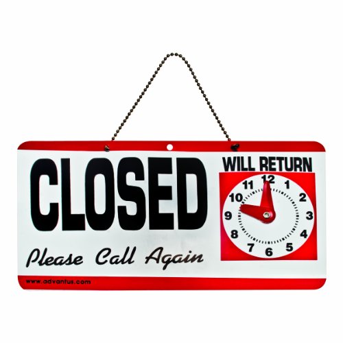 ''ADVANTUS 2-Sided Open/Closed with Hand CLOCK Sign, 11.5 x 6 Inches, Black/White/Red (83636)''