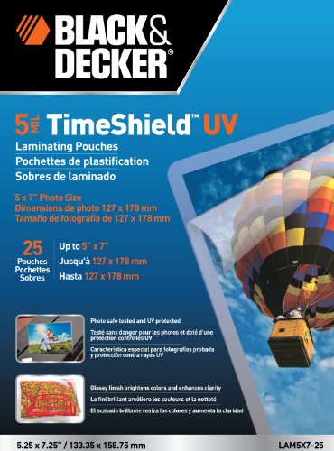 ''BLACK + DECKER TimeShield UV Thermal Laminating Pouches, 5 x 7 Photo, 5 mil - 25 Pack (LAM5X7-25)''