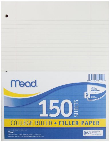 ''Mead Loose Leaf Paper, Filler Paper, College Ruled, 150 SHEETS, 10-1/2'''' x 8'''', 3 Hole Punched, 1 P