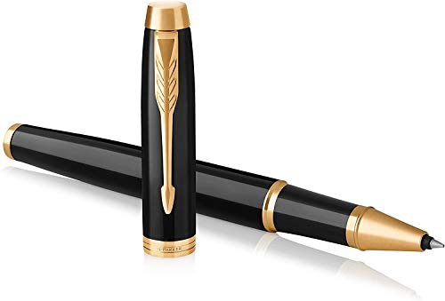 ''PARKER IM Rollerball Pen, Black Lacquer GOLD Trim with Fine Point Black Ink Refill, Gift Box (19316