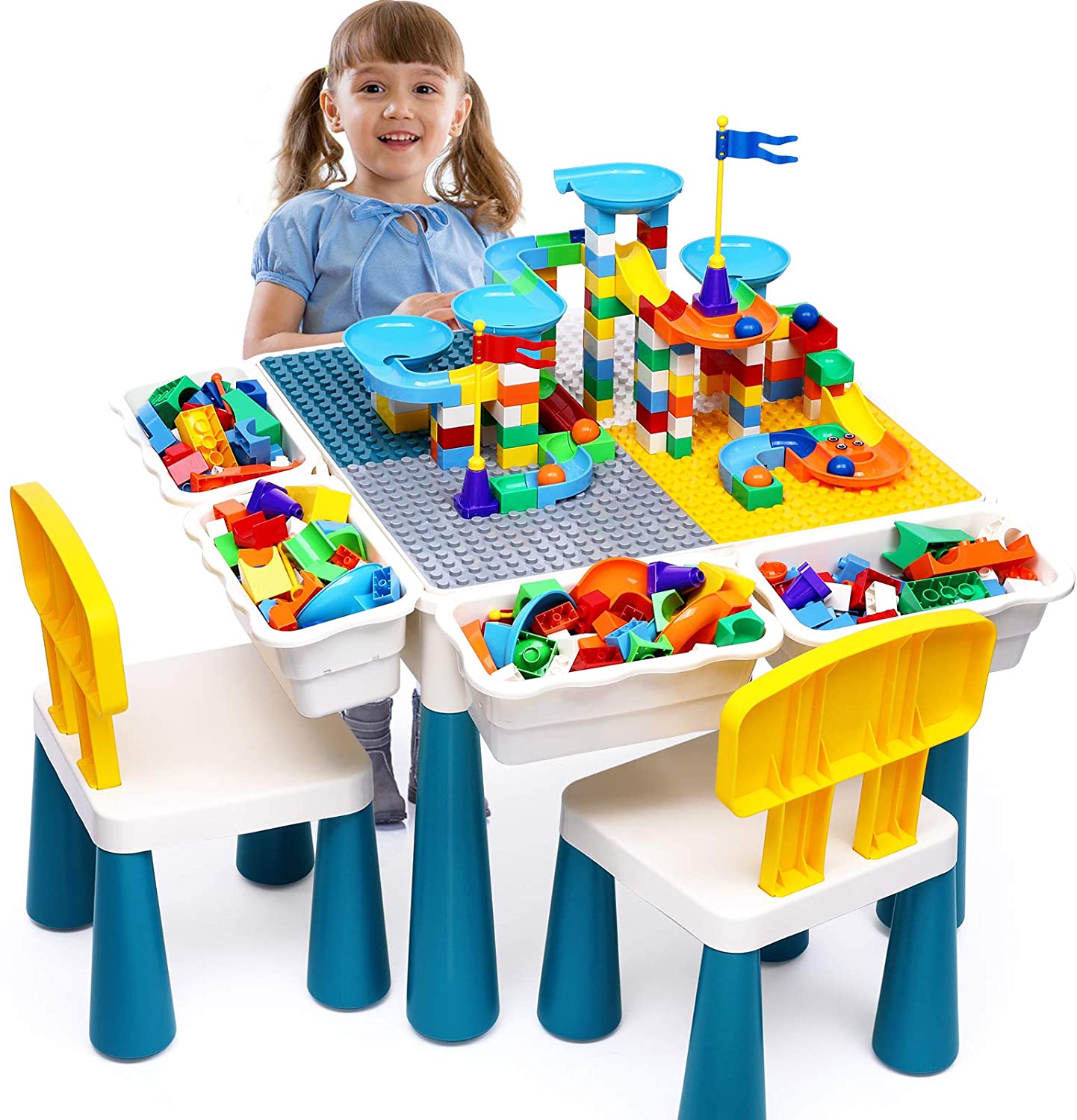 ''OCATO Kids Activity Table Toddlers Kids Table and CHAIR Set with 152Pcs Large Marble Run Building B