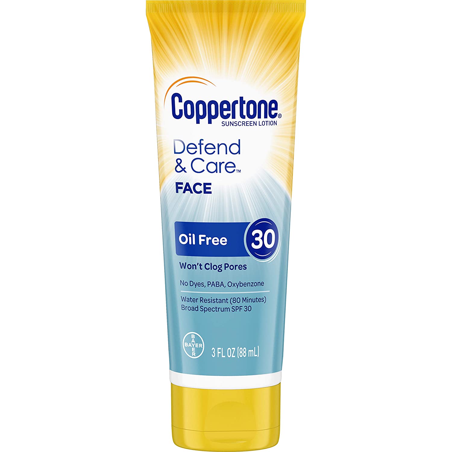Coppertone Defend & Care Oil Free SUNSCREEN Face Lotion Broad Spectrum SPF 30 (3 Fluid Ounce) (Packa