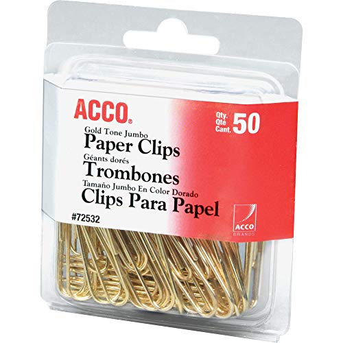 ''ACCO Paper Clips, Jumbo, Smooth, GOLD, 50 Clips/Box (72532)''