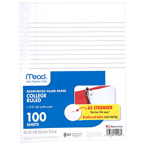 ''Mead Loose Leaf Paper, Filler Paper, Reinforced, College Ruled, 100 SHEETS, 10-1/2'''' x 8'''', 3 Hole 