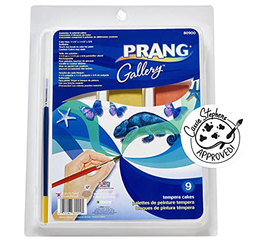 ''Prang Gallery Classic Tempera PAINT Cakes, 9 Color Set with Divided Pan and Brush (80900), 1-1/2 x 