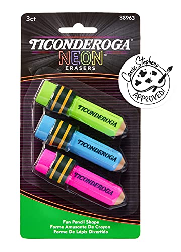 ''Ticonderoga PENCIL Shaped Erasers, Neon Colors, 3 Count''