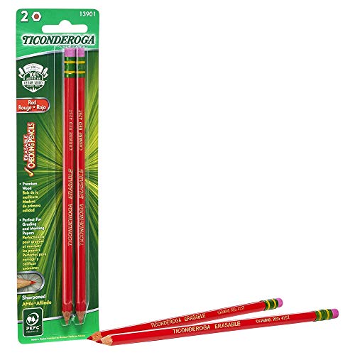 ''TICONDEROGA Erasable Checking PENCILs, Pre-Sharpened with Eraser, Red, Pack of 2 (13901)''