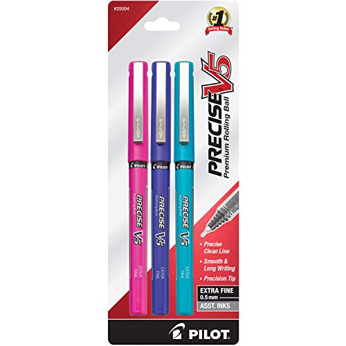 ''PILOT Precise V5 Stick Liquid Ink Rolling Ball Stick PENs, Extra Fine Point (0.5mm) Pink/Purple/Tur