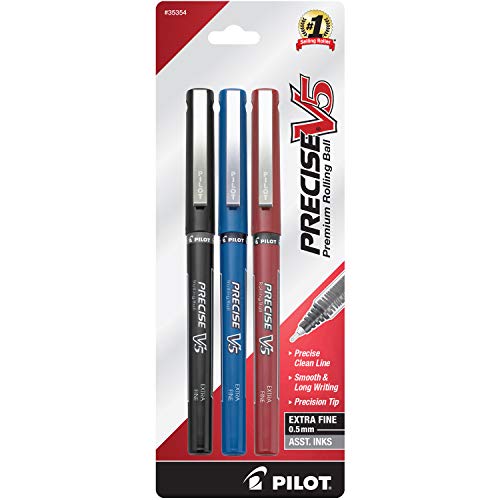 ''PILOT Precise V5 Stick Liquid Ink Rolling Ball Stick PENs, Extra Fine Point (0.5mm) Black/Blue/Red 
