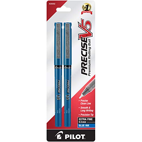 ''PILOT Precise V5 Stick Liquid Ink Rolling Ball Stick PENs, Extra Fine Point (0.5mm) Blue Ink, 2-Pac