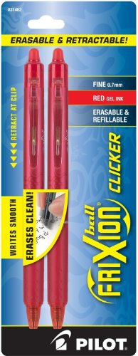 ''PILOT FriXion Clicker Erasable, Refillable & Retractable Gel Ink PENs, Fine Point, Red Ink, 2-Pack 