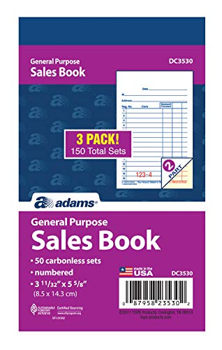 ''Adams General Purpose Sales BOOK, 2-Part, Carbonless, White/Canary, 3-11/32 x 5-5/8 Inches, 50 Sets