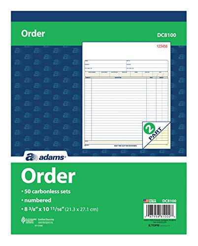''Adams Order BOOK, 2-Part, Carbonless, White/Canary, 8-3/8 x 10-11/16 Inches, 50 Sets per BOOK (DC81