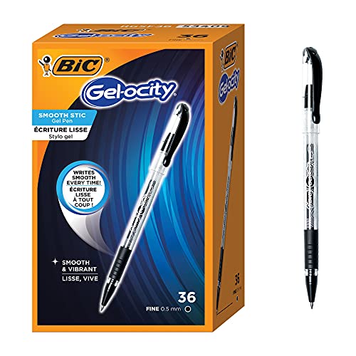 ''BIC Gel-ocity Smooth Stic Gel PEN, Fine Point (0.5mm), Black Ink, 36-Count, Vibrant and Smooth Gel 
