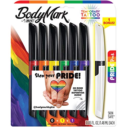 ''BodyMark by BIC, Temporary TATTOO Marker, Pride Pack, Skin-Safe, Mixed Brush Tip & Fine Tip, Assort