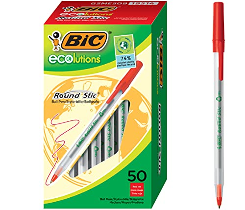 ''BIC Ecolutions Round Stic Ballpoint PEN, Medium Point (1.0mm), Red, 50-Count, For a Smooth Writing 