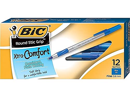 BIC 395894 Round Stic Grip Xtra Comfort Ballpoint PENs Fine Point Blue Ink