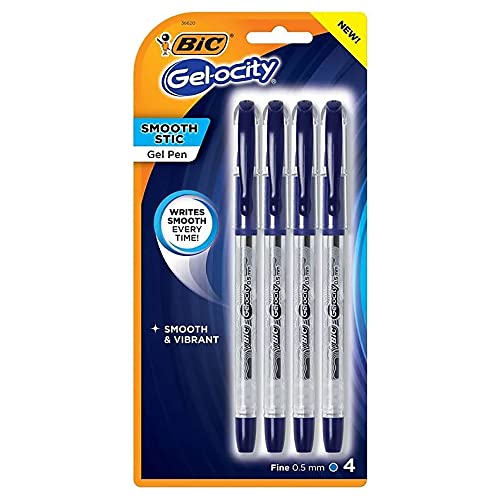 ''BIC Gel-ocity Smooth Stic Gel PENs, Fine Point, 0.5mm, Blue Ink, 4 Count''