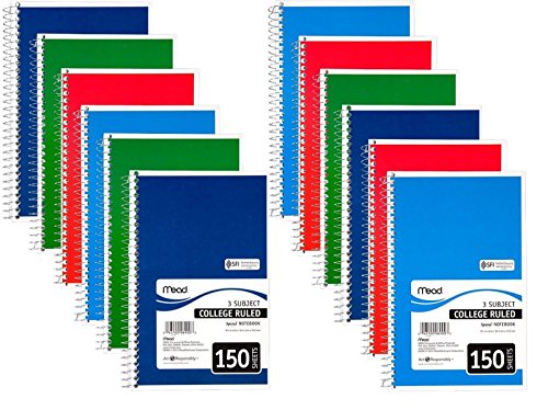 ''MEAD PRODUCTS, Spiral Bound Notebook, College Rule, 6 x 9-1/2, White, 3 Subject 150 SHEETS/Pad''