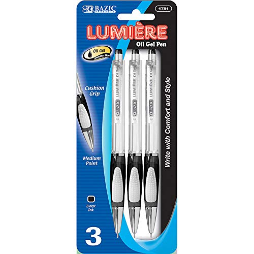 ''BAZIC Oil Gel Ink Retractable PEN Lumiere Black Color, 0.7 mm Medium Point Soft Grip Smooth Writing