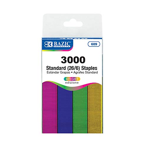 ''BAZIC Staples Standard (26/6) Metallic Color 3000/Pack, STAPLER Refill Standard Size Staple, Assort