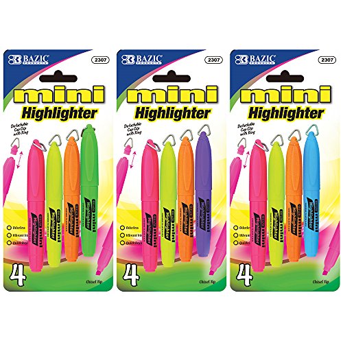 BAZIC Mini Fluorescent Highlighter w/ CAP Clip (4/Pack)