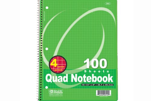 Quad-ruled 4-1 Inch Spiral NOTEBOOK - 100 Ct. (Pack of 3)