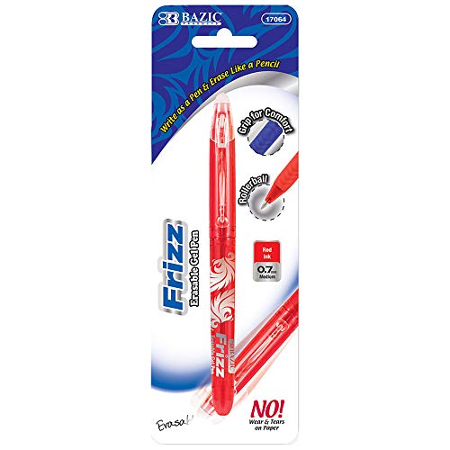 ''BAZIC Frizz Erasable Gel PEN 0.7mm Red Color, Fine Point Inks PENs Mistake Eraser, Smooth Drawing W