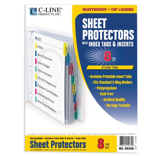 ''C-Line Polypropylene SHEET Protector with Index Tabs, Assorted Color Tabs, 11 x 8.5 Inches, One 8-T