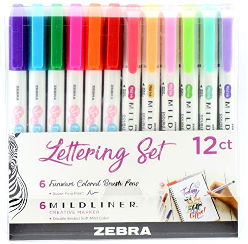 ''Zebra PEN Lettering Set, Includes 6 Mildliner Highlighters and 6 Super Fine Brush PEN, Assorted Col