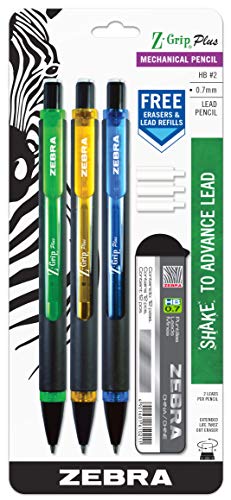 ''Zebra Pen Z-Grip Plus Mechanical PENCIL, 0.7mm, Bonus Lead and Erasers, Assorted Barrel Colors, Gre
