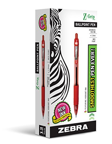''Zebra PEN Z-Grip Retractable Ballpoint PEN, Medium Point, 1.0mm, Red Ink, 12-Count''