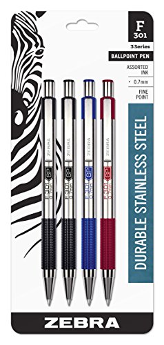 ''Zebra F-301 Ballpoint Stainless Steel Retractable PEN, Fine Point, 0.7mm, Assorted Ink, 4-Count: 2 