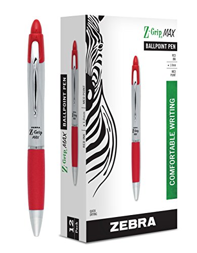 ''Zebra PEN Z-Grip MAX Retractable Ballpoint PEN, Medium Point, 1.0mm, Silver Barrel, Red Ink, 12 Pac