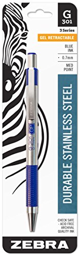 ''Zebra G-301 Stainless Steel Retractable Gel PEN, Medium Point, 0.7mm, Blue Ink, 1-Count''