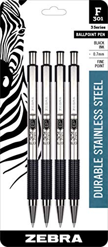 ''Zebra F-301 Ballpoint Stainless Steel Retractable PEN, Fine Point, 0.7mm, Black Ink, 4-Count (Packa