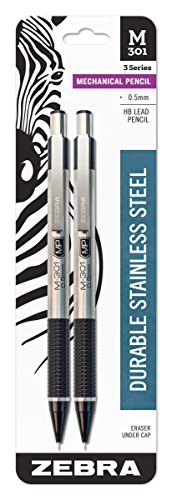 ''Zebra 54012 Stainless Steel Mechanical PENCIL, 0.5mm Point Size, Standard HB Lead, Black Grip, 2-Co