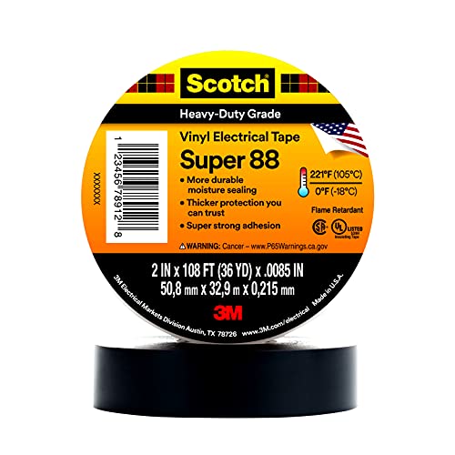''Scotch Vinyl Electrical TAPE Super 88, 2 in x 36 yd, Black, 1 Roll, Premium Grade, Rubber Resin Adh
