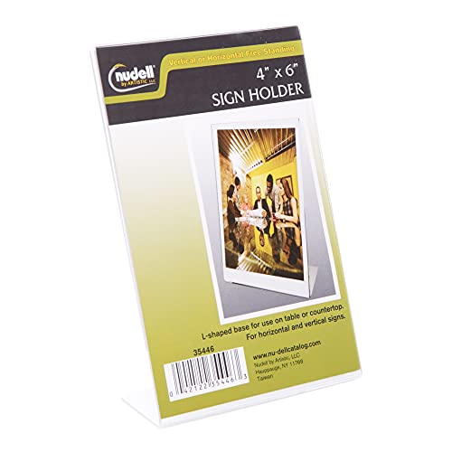 ''NuDell 4'''' x 6'''' L-Shaped Slanted Sign Holder - Self-Standing Ad FRAME, Clear (35446)''