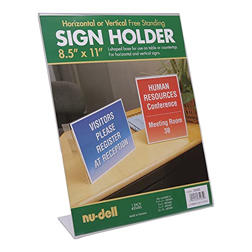 ''NuDell 8.5'''' x 11'''' L-Shaped Slanted Sign Holder - Self-Standing Ad FRAME, Clear (35485)''