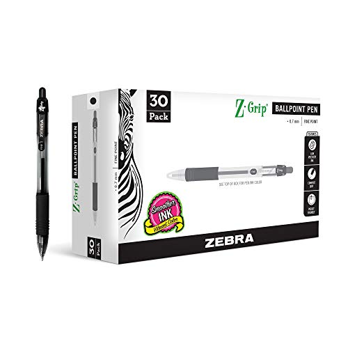 ''Zebra PEN Z-Grip Retractabe Ballpoint PEN, Fine Point, 0.7mm, Black Ink, 30-Pack''