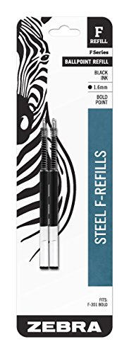 ''Zebra F-Series Ballpoint Stainless Steel PEN Refill, Bold Point, 1.6mm, Black Ink, 2-Count''