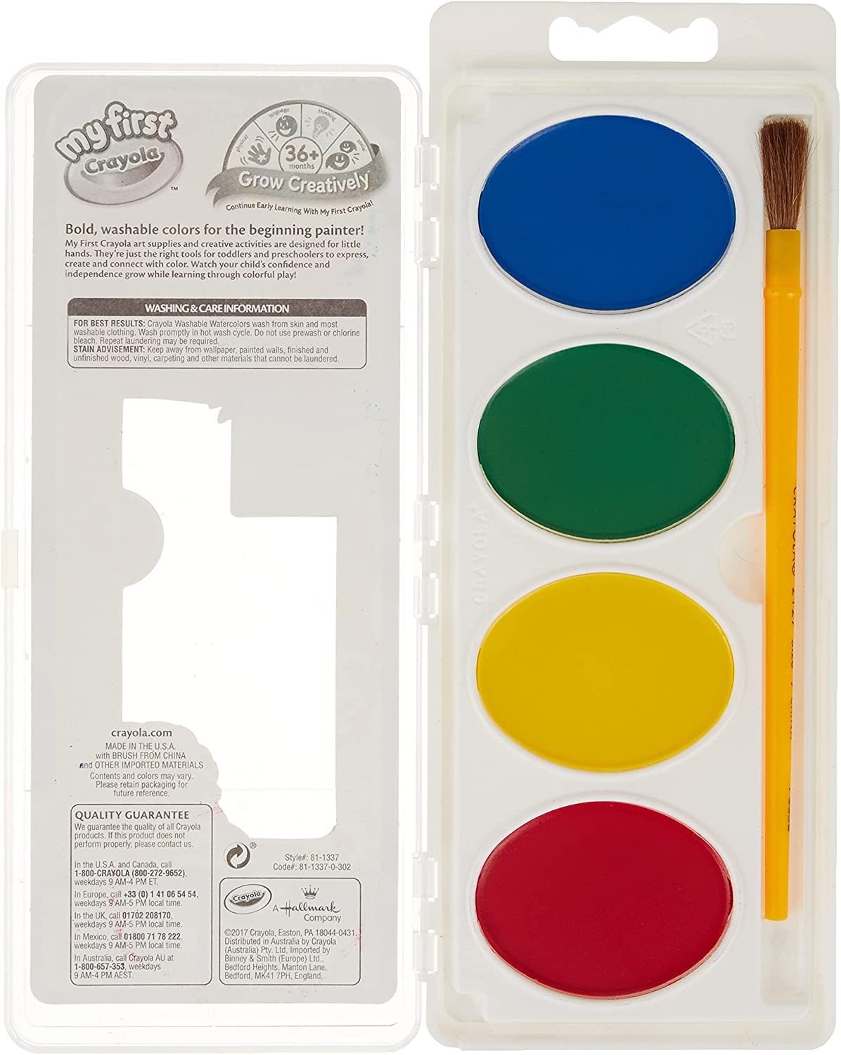 ''Crayola My First Washable Watercolors & Brush, Large PAINTs, Toddler Art Supplies, 1 Pack (4 Count 