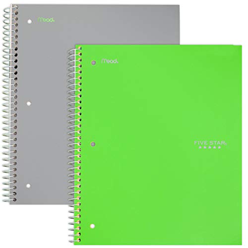 ''Five Star Spiral NOTEBOOKs, 3 Subject, Wide Ruled Paper, 150 Sheets, 10-1/2'''' x 8'''', Gray, Lime, 2 