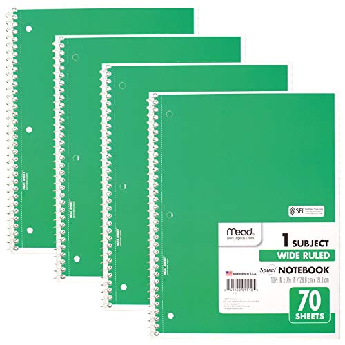 ''Mead Spiral NOTEBOOKs, 1 Subject, Wide Ruled Paper, 70 Sheets, 10-1/2 x 7-1/2 inches, Green, 4 Pack